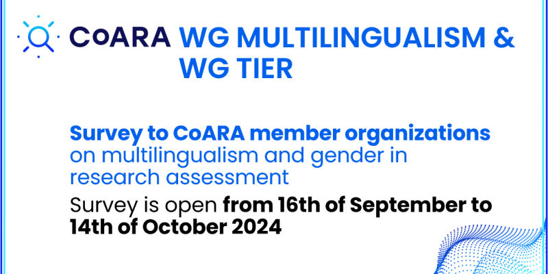 CoARA working group on Multilingualism and the CoARA working group TIER organize Survey to CoARA signatory organizations on multilingualism and gender in research assessment. survey is open from 16th of September to 14th of October 2024.