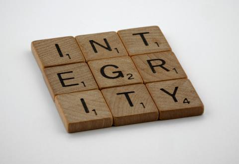 yhdeksän puista kirjainlaattaa, joista syntyy sana integrity